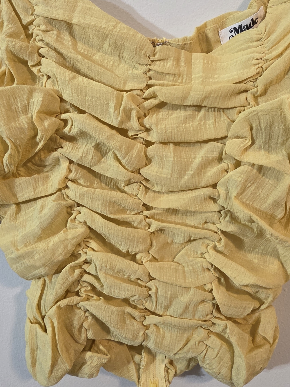 Yellow Ruched Puff-Sleeve Women’s Top - Picture 3 of 7